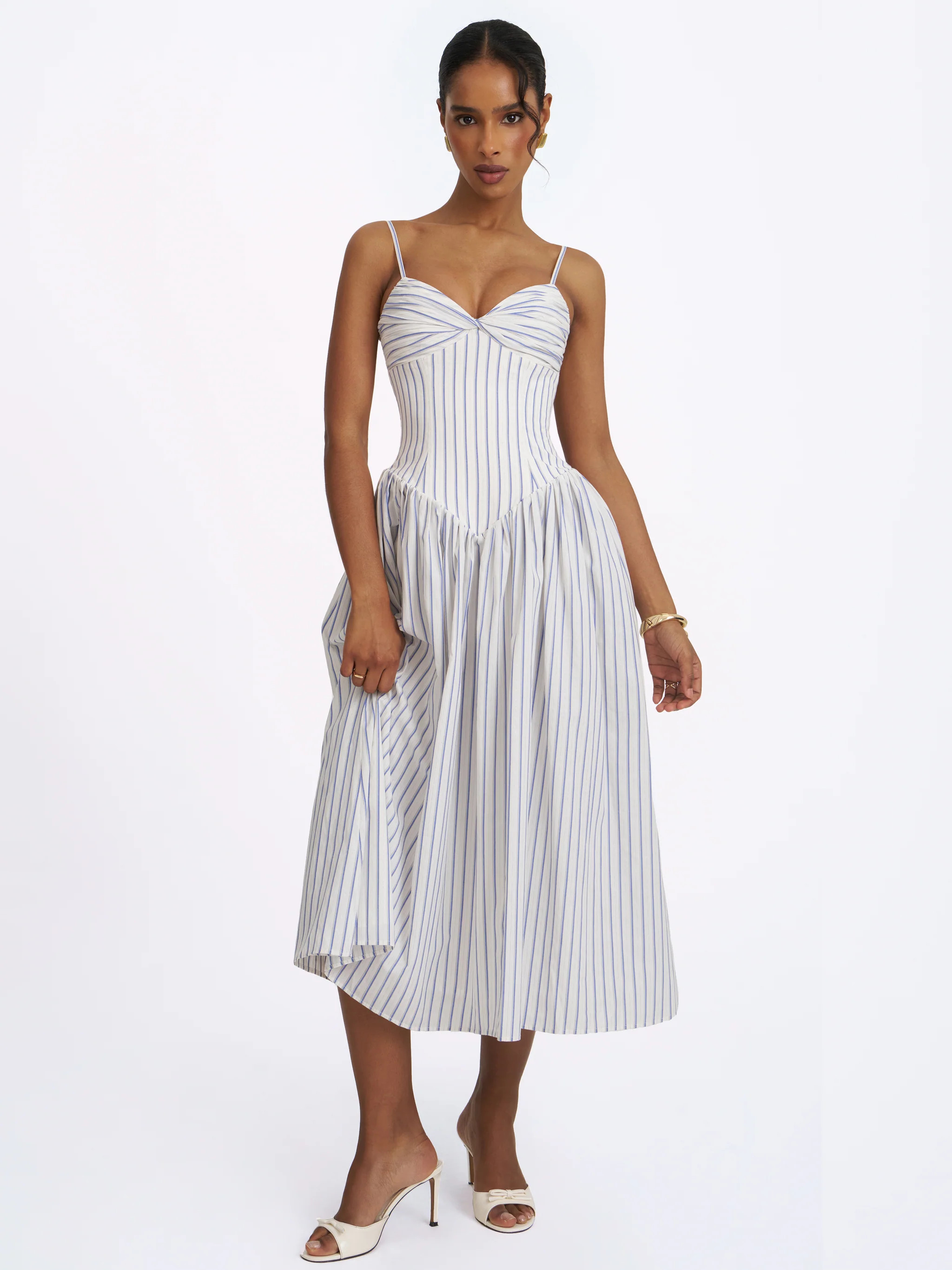 Olea Sky Blue Striped Cotton Poplin Ruched Midi Dress | Miss Circle