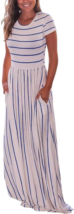 HOTAPEI Women's Summer Casual Loose Striped Maxi Dress Short Sleeve Dress with Pocket | Amazon (US)