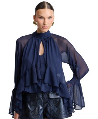 Avec Les Filles Women's Floral High-Neck Puff-Sleeve Top - Navy | Macy's