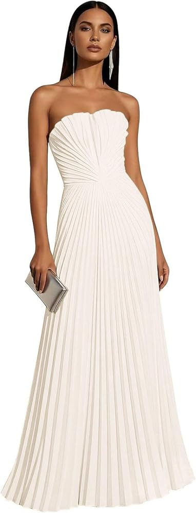 Strapless Chiffon Prom Dresses 2026 Long Pleated Flowy A Line Formal Wedding Guest Maxi Dress for... | Amazon (US)