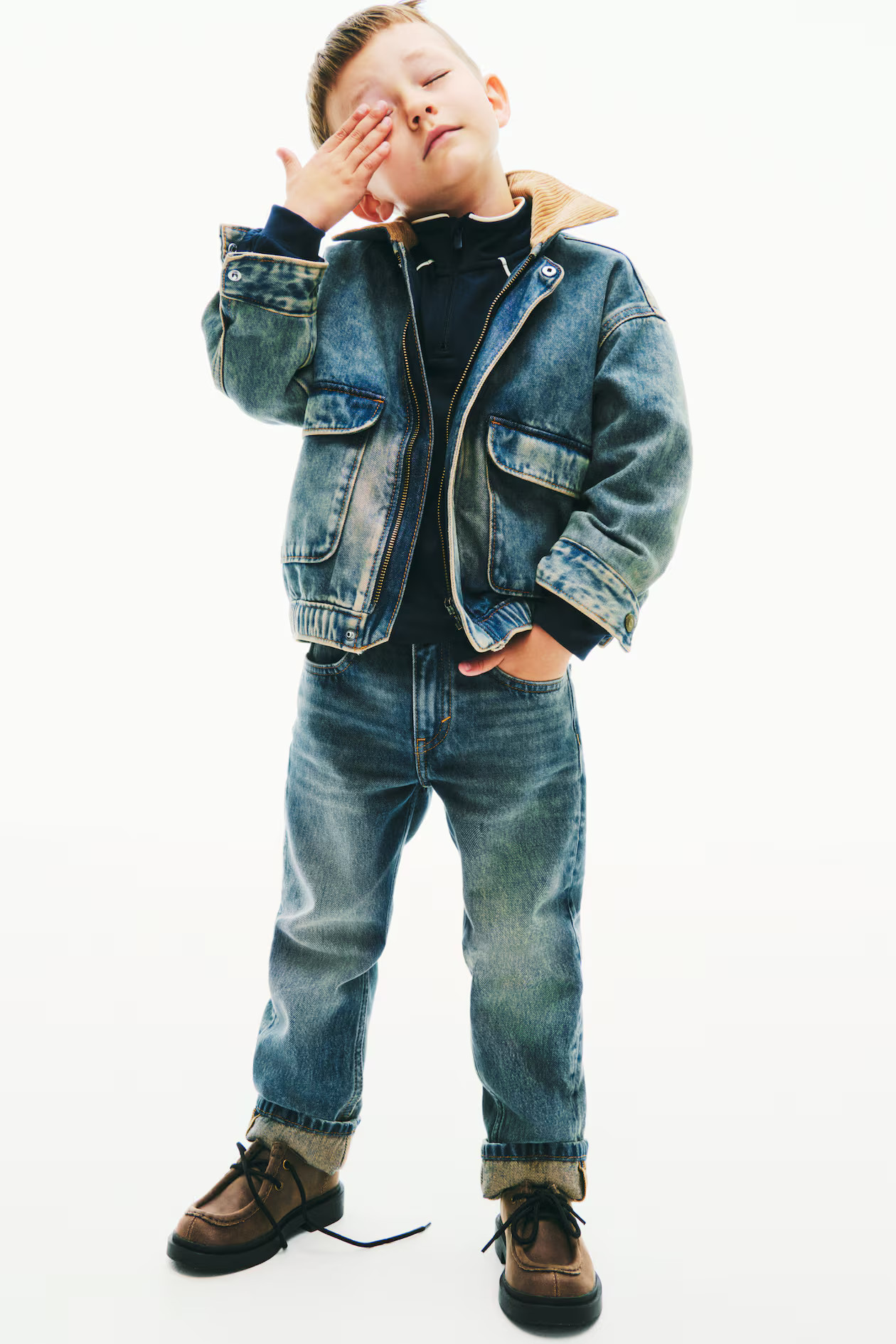 Denim Jacket with Collar - Round Neck - Long sleeve - Faded denim blue - Kids | H&M US | H&M (US + CA)
