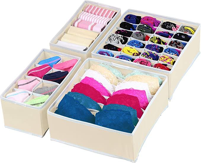 SimpleHouseware Closet Underwear Organizer Drawer Divider 4 Set, Beige | Amazon (US)
