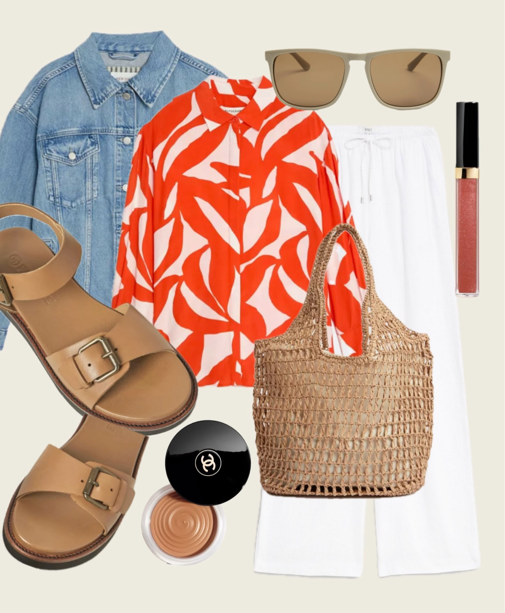 Denim jacket Linen trousers 
White & tan Chanel lipgloss Chanel bronzer sunglasses basket bag straw bag sandals 🍊💙🍊🤍🤎

#LTKbeauty #LTKeurope #LTKSeasonal
