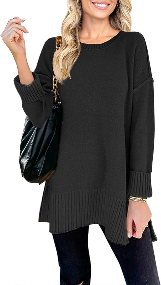 MEROKEETY Women's 2024 Fall Casual Crew Neck Side Split Pullover Sweater Loose Long Sleeve Jumper... | Amazon (US)