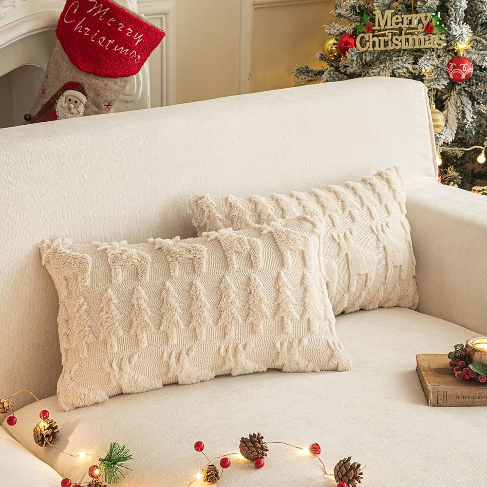 SHITURRE Beige Christmas Tree and Reindeer Decorative Throw Pillow Covers 12"x20", 2 Packs Soft P... | Amazon (US)