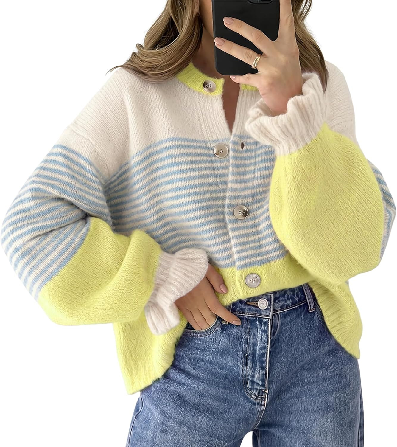 Saodimallsu Womens 2026 Fall Trendy Striped Cardigan Sweaters Ruffle Sleeve Button Up Loose Color Block Sweater Coats | Amazon (US)