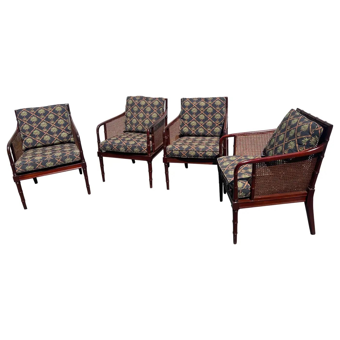 Set of 4 Vintage Faux Bamboo Mahogany and Cane Armchairs | 1stDibs