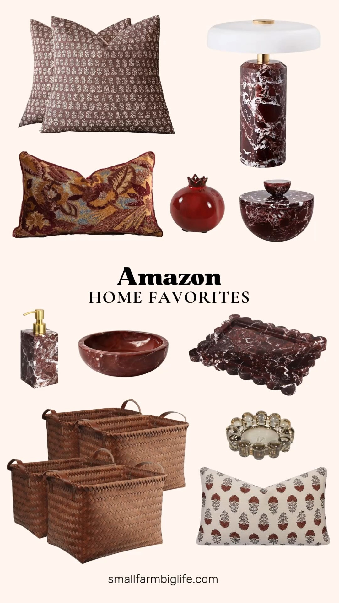 Rich red marble is a beautiful way to bring warmth into home decor this season, and this lineup has some gorgeous statement pieces. The red marble decorative bowl and the scalloped marble tray both work beautifully as a catchall for keys, jewelry, or a candle on an entryway table or dresser. The matching red marble soap dispenser brings that same elevated look to a bathroom or kitchen counter.

For a cordless lighting option, the red marble rechargeable table lamp has a magnetic charging base and a soft milk glass shade, perfect for an end table or nightstand without any wiring needed. The red marble bowl with lid doubles as pretty storage for nuts or small trinkets on a coffee table.

Soft textiles round out the collection nicely. The vintage cut velvet pillow cover in red and the wine red floral pillow covers both add a cozy, layered look to a sofa or bed, while the rust orange block print lumbar pillow brings an earthy, neutral tone for indoor or outdoor use. The burgundy pomegranate ceramic vase is a charming farmhouse touch for a bookshelf or dining table.

Finish the space with the smoky glass bubble candle dish for a moody, tabletop accent, and the handwoven wicker storage baskets for a natural, organized touch in any room.

#amazonhome #falldecor #amazonfinds #redmarble #fallhome 

 #LTKSeasonal #LTKHome
