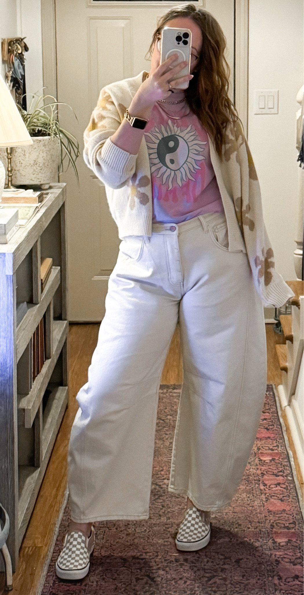 Free People Barrel Jeans sunflower sweater graphic tee and checkered vans 
Wearing size 28 normally a size 10
5’7” 

#LTKmidsize #LTKstyletip #LTKover40