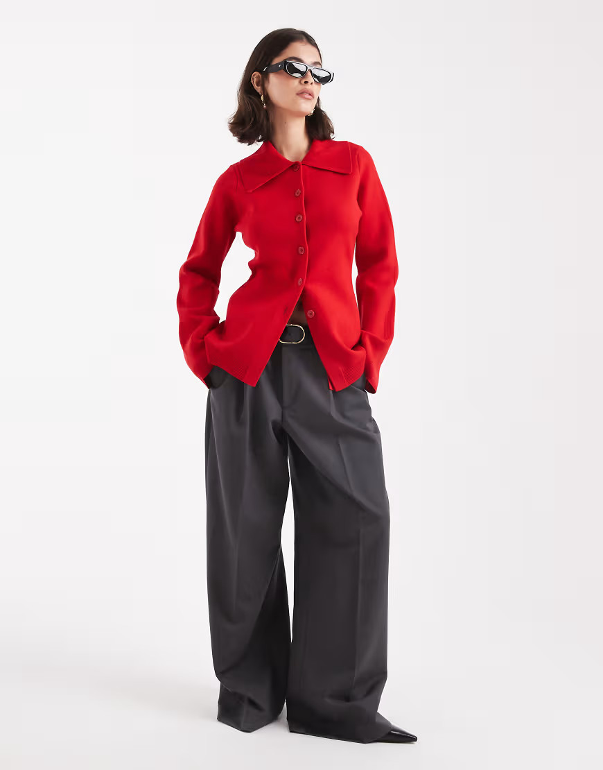 ASOS DESIGN Premium compact knit cardigan with collar detail in red | ASOS (Global)