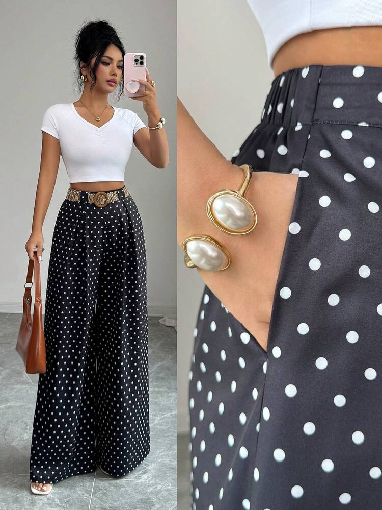 SHEIN Elenzya Spring/Summer New Casual High Waist Polka Dot Skirt Pants, Elegant Style Suitable For Daily And Work Wear, Graduation Season, Vintage Music Festival, Derby, Independence Day | SHEIN