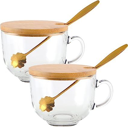 Amazon.com | MDLUU 16oz Coffee Mugs with Handle, Glass Cups with Bamboo Lids & Cherry Blossom Spo... | Amazon (US)