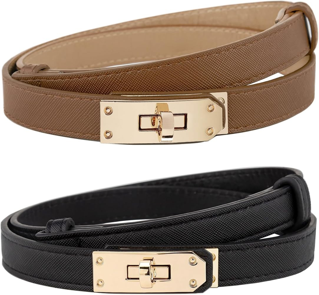 AlGuirnex 2 Pack Women's Slim Belts Adjustable PU Leather Waist Belt (55-95cm), Gold Alloy Buckle... | Amazon (UK)