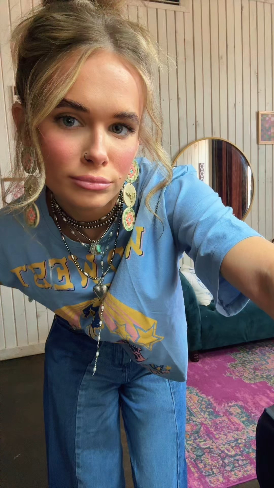 Shirt from The Velvet Roadrunner! Jeans are so cutie and comfy. Wearing my true size 24” 💘