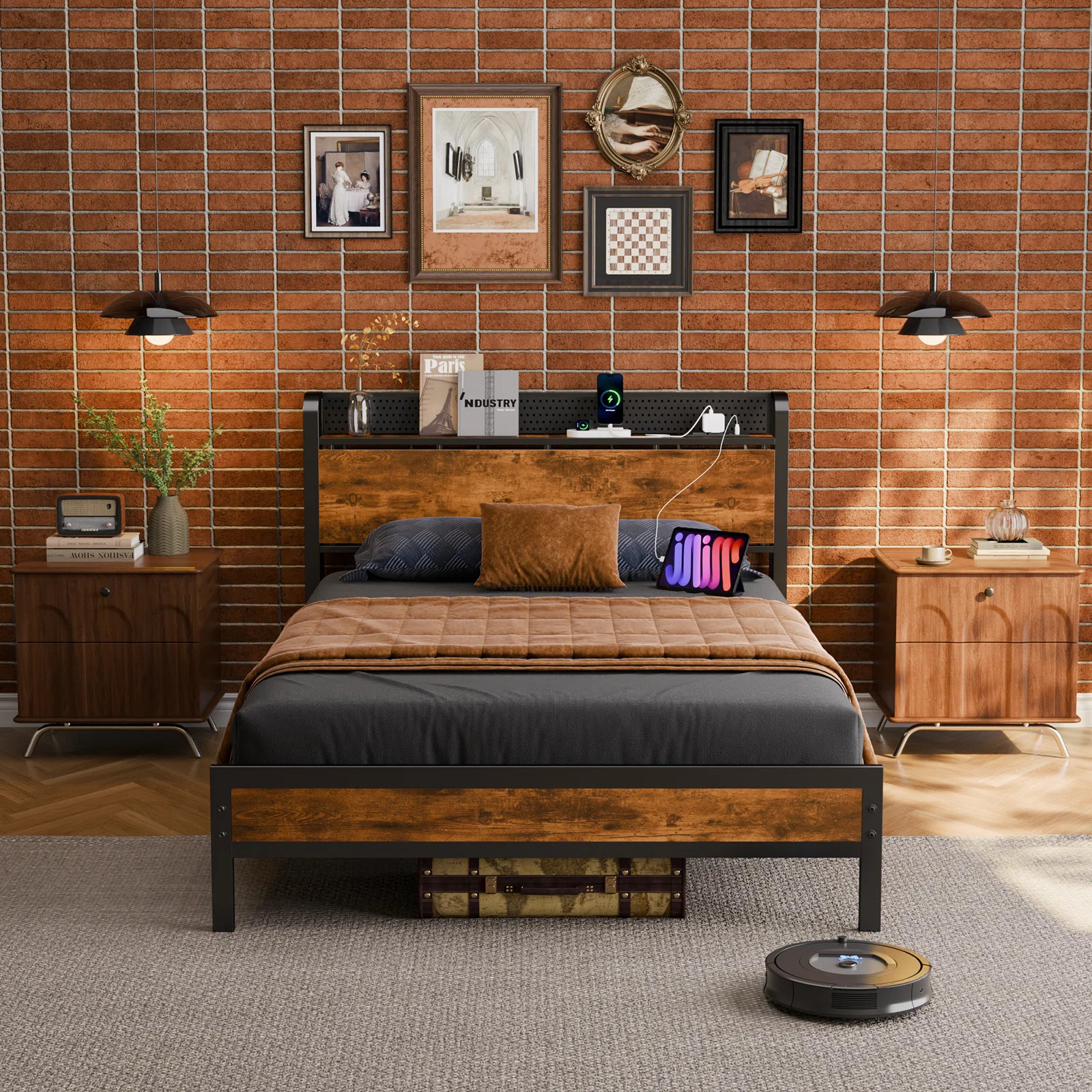 Bed Frame Metal Platform Bed with Wood Storage Headboard RGB LED Lights and Charging Station | Wayfair North America