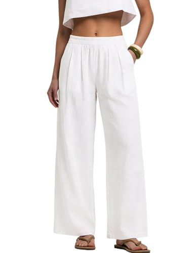 LOMON White Linen Pants Women Wide Leg Palazzo Pants Beach Vacation Outfits Summer 2026 Resort Wear Clothes Trousers with Pockets (White, XL) | Amazon (US)