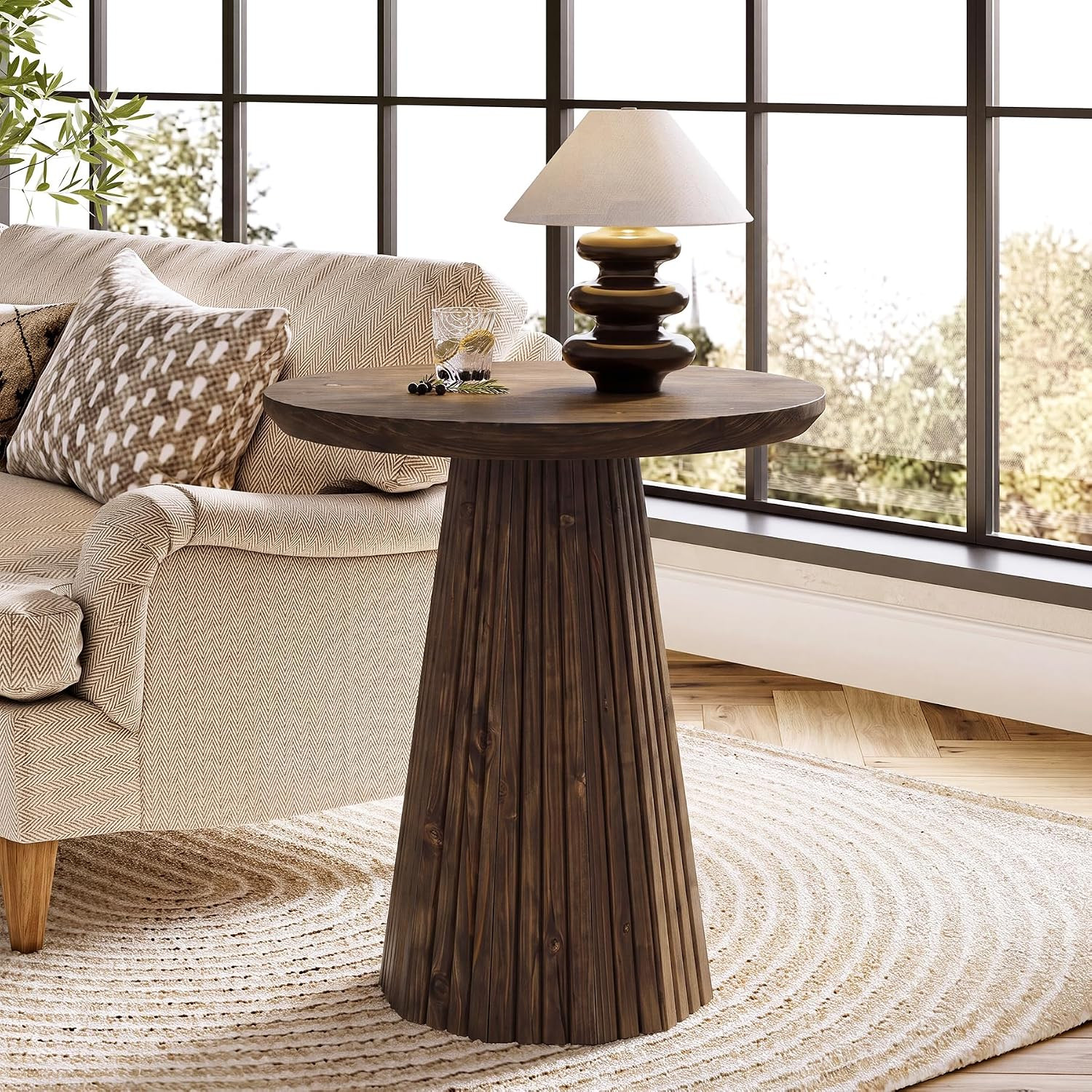 19" Round Solid Wood End Table with Fluted Base, Small Pedestal Side Table | Amazon (US)