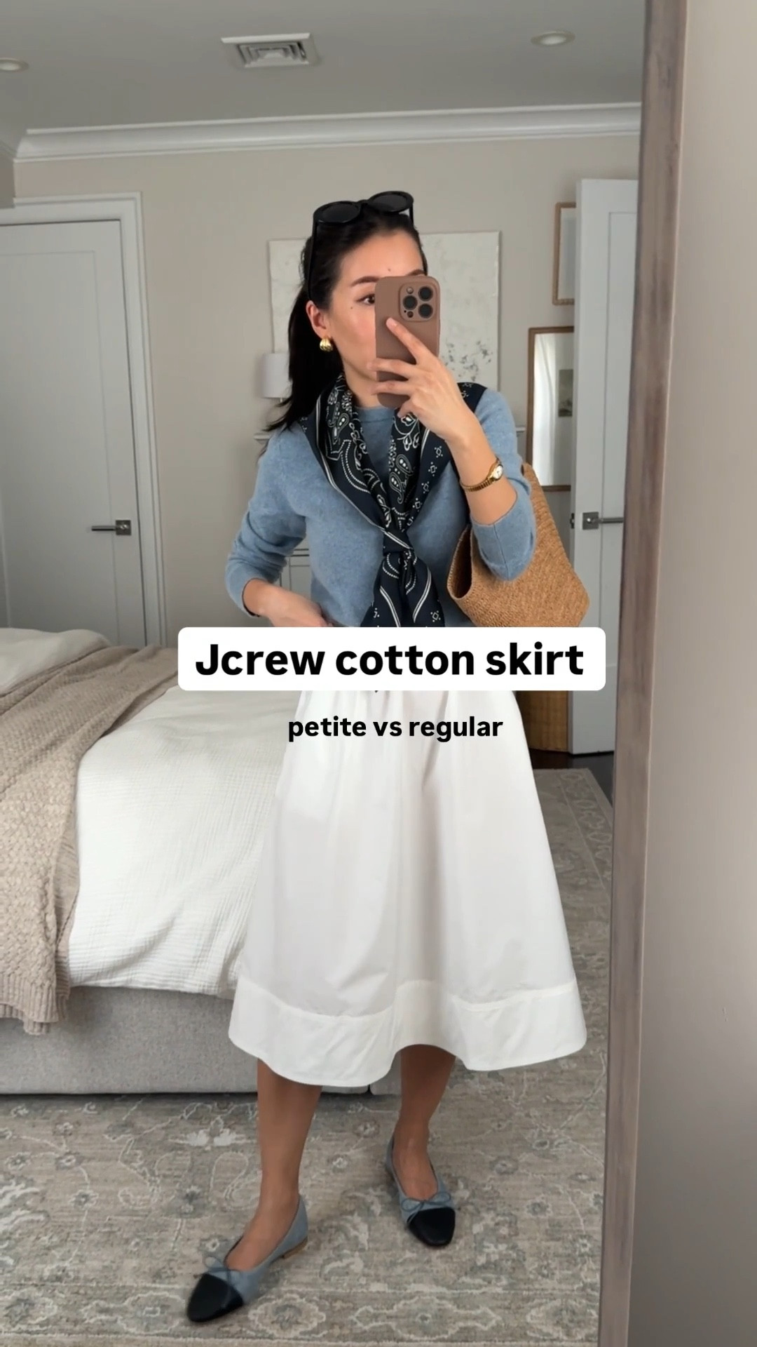 regular vs petite sizing of the j.crew cotton poplin midi skirt in XXS.

• Jcrew skirt has pockets, a stretchy waist, and is unlined which makes it super light and breathable.

Petite sizing - perfect length on me

Regular sizing - almost maxi length on m:  runs bigger at the waist than petite sizing 

I’m 5 ft, the ideal sizing depends on your preference and height.

• Quince crewneck cashmere sweater xs

• A Soliani ballet flats 5.5, TTS

• Sezane basket tote

• Madewell scarf and sunglasses

Petite friendly skirts, transitional spring outfit, easy mom outfits

#LTKPetite #LTKootd #LTKmomlife