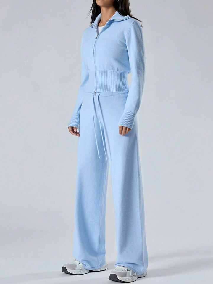 Minimalana 2pcs Women's Solid Color Zip-Up Cardigan And Knitted Pants Casual Set,Autumn-Winter | SHEIN