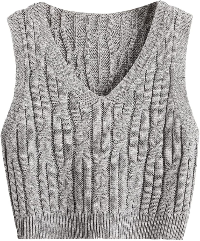 Romwe Women's Cable Knit Crop Sweater Vest Preppy Style Sleeveless V Neck Knitwear Tank Tops | Amazon (US)