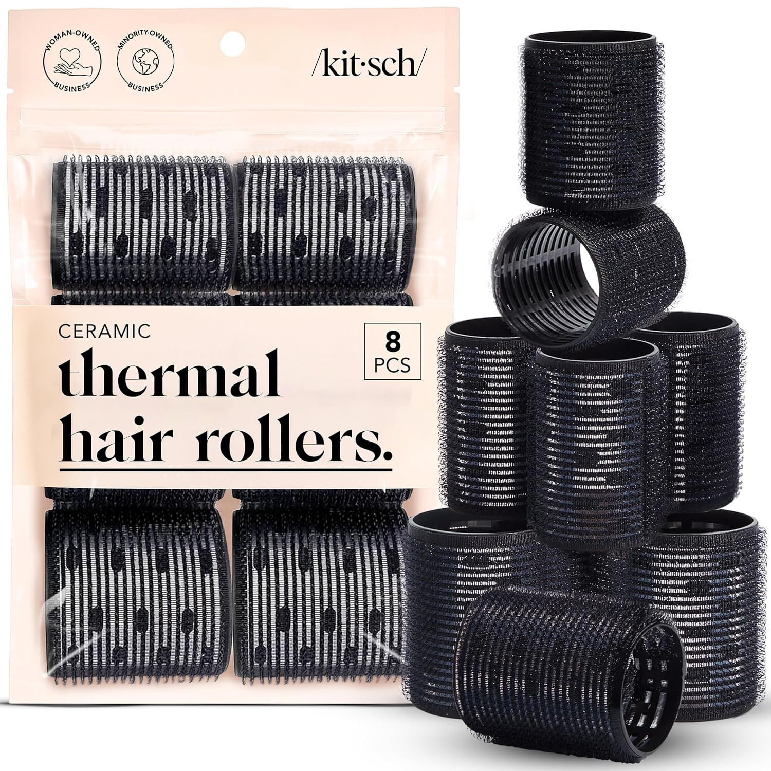 Kitsch Ceramic Thermal Hair Rollers for Short Hair - Velcro Rollers | Rollers Hair Curlers for Long Hair | Velcro Hair Roller for Medium Hair | Self-Grip Hair Rollers | Velcro Curlers - 8pcs Black | Amazon (US)