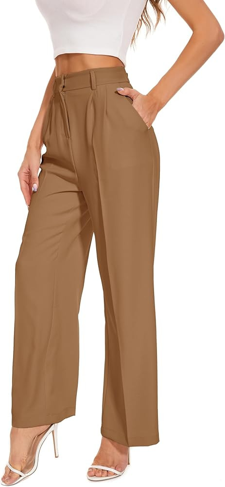 FUNYYZO Wide Leg Pants Women's High Elastic Waisted in The Back Business Work Trousers Long Strai... | Amazon (US)