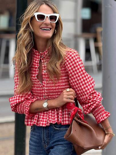 Women's Casual Retro Street Style Ruffle Hem Plaid Shirt, Spring/Summer Red | SHEIN USA | SHEIN