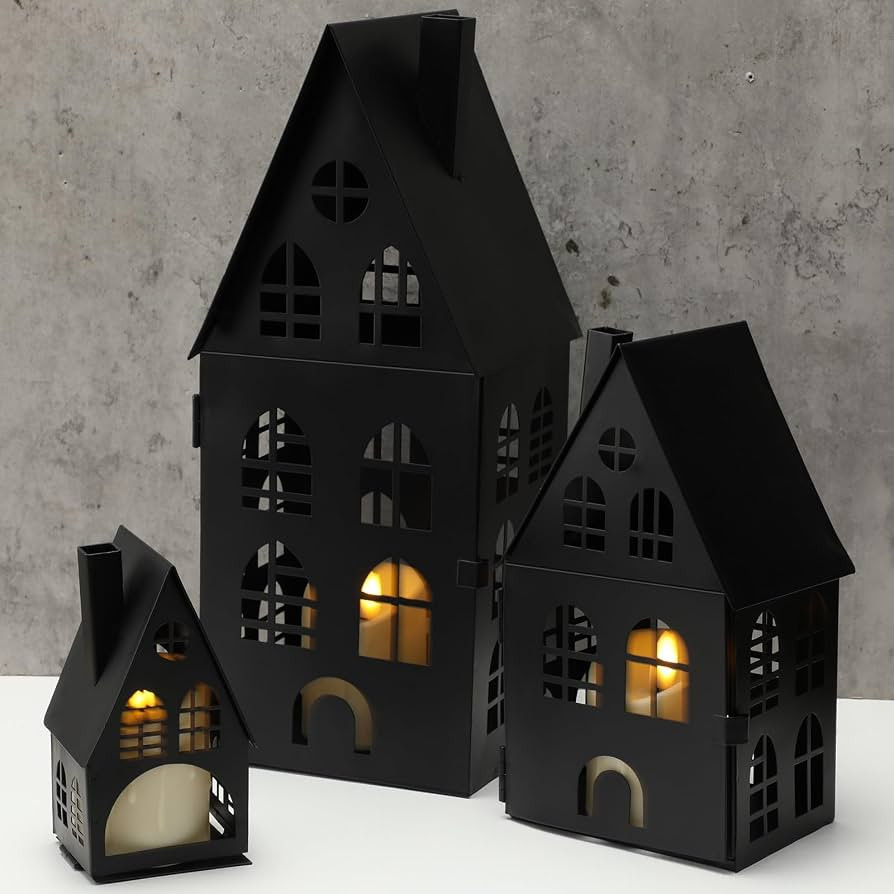 3 Pcs Light up Black Halloween Metal House with LED Candles Lanterns Decor | Amazon (US)
