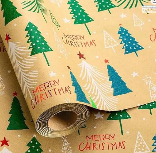 Yarcony Kraft Christmas Wrapping Paper Roll, Christmas Tree Wrapping Paper, Thick Kraft Holiday Gift Wrap with Green Foil Green Tree Design for Holidays,Winter Solstice Gift (17 Inch X 33 Feet) | Amazon (US)