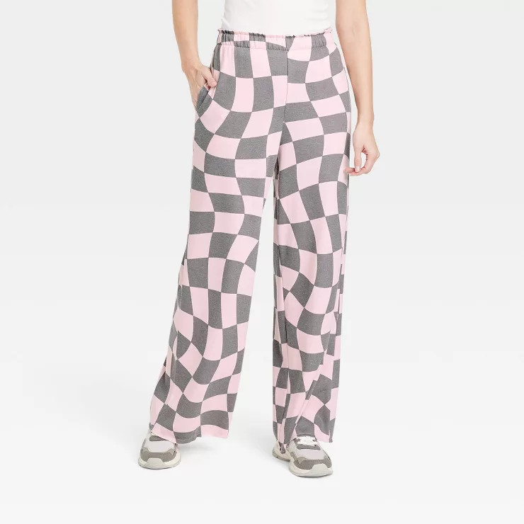 Women's Pink and Gray Checkered Print Graphic Wide Leg Pants - Pink | Target