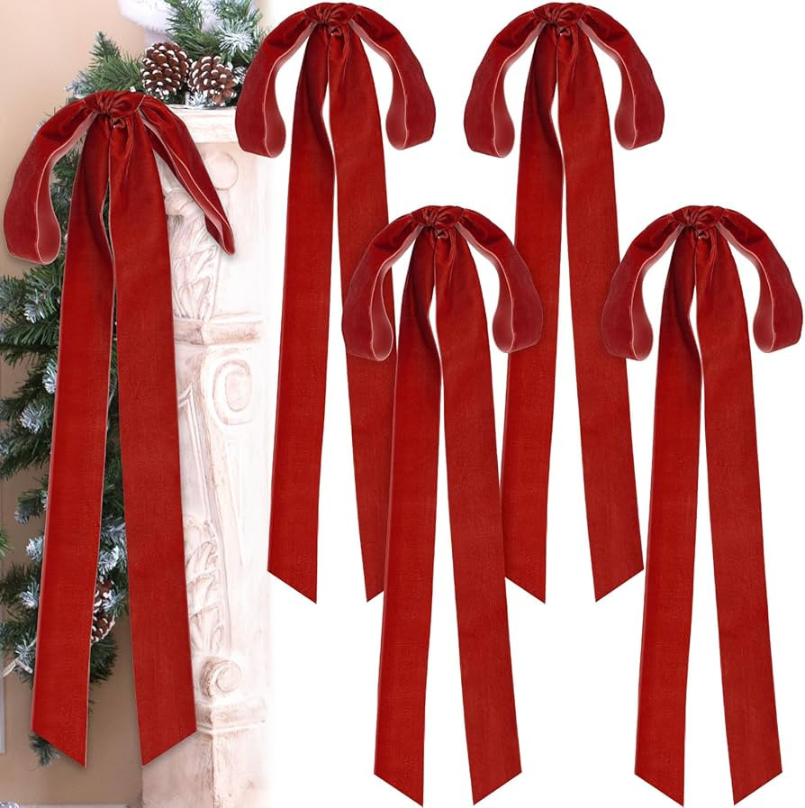 4 Pcs Red Velvet Christmas Bows 23.6 x 8.7 Inches Large Velvet Christmas Staircase Wreath Bows Ru... | Amazon (US)