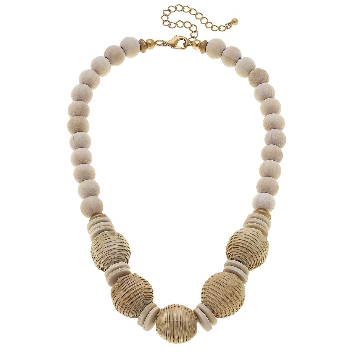 Angelina Wicker & Wood Beaded Necklace in Natural | CANVAS