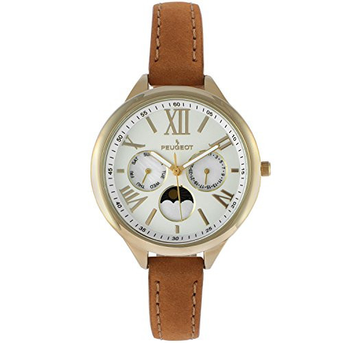 Peugeot Women’s Gold Round Multi-Function Watch with Skinny Brown Suede Strap | Amazon (US)