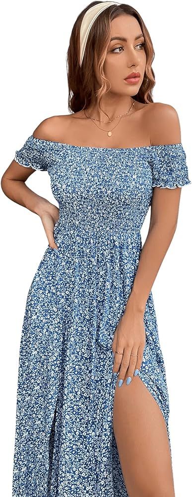 MakeMeChic Women's Boho Floral Print Off The Shoulder Shirred Split Maxi Dress | Amazon (US)