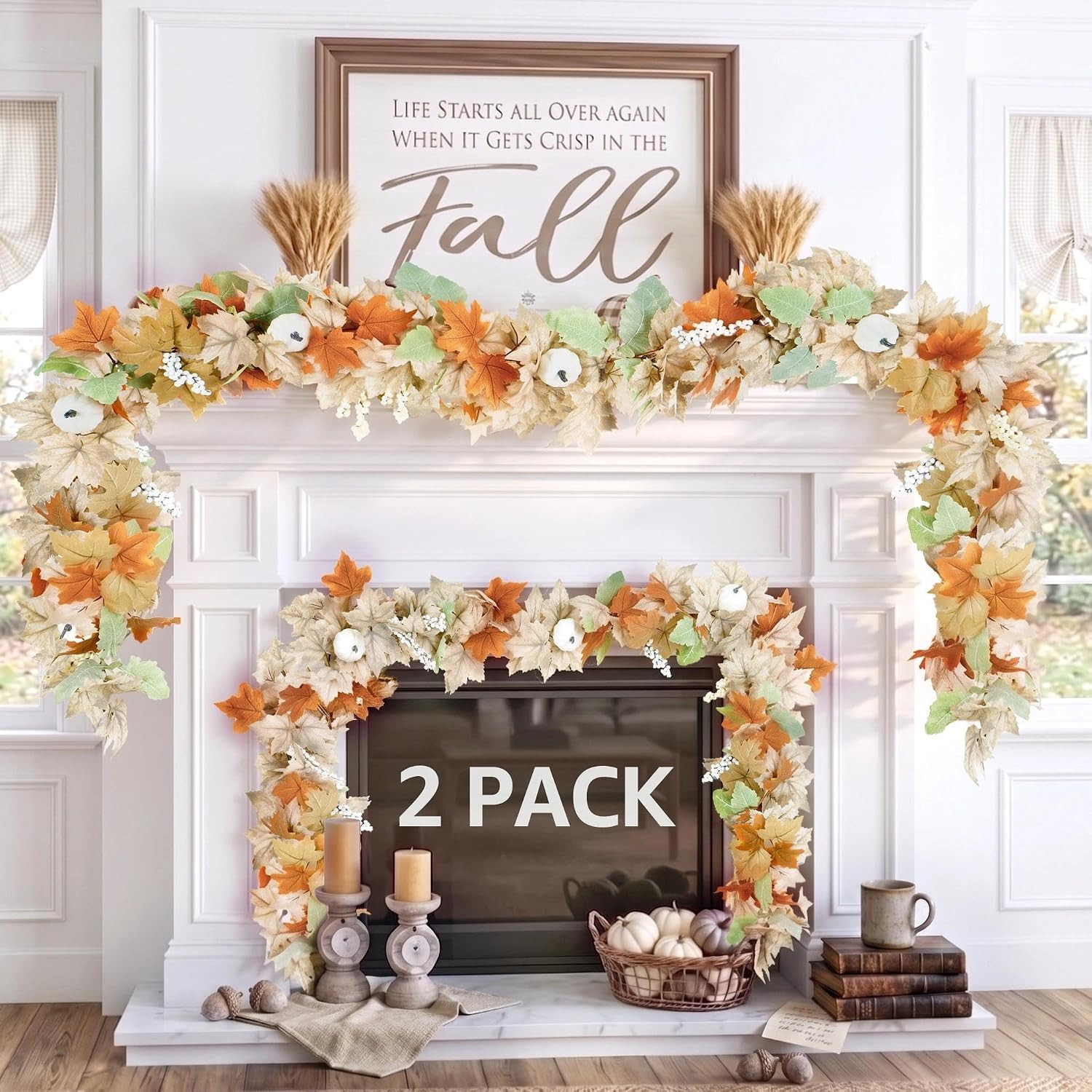 Neutral Fall Garland for Mantle Fireplace - 2 Pack 6Ft Outdoor Autumn Leaves Decor for Home Front Door with Pumpkins Indoor Maple for Farmhouse Table Stairs Porch Halloween Thanksgiving Decorations | Amazon (US)