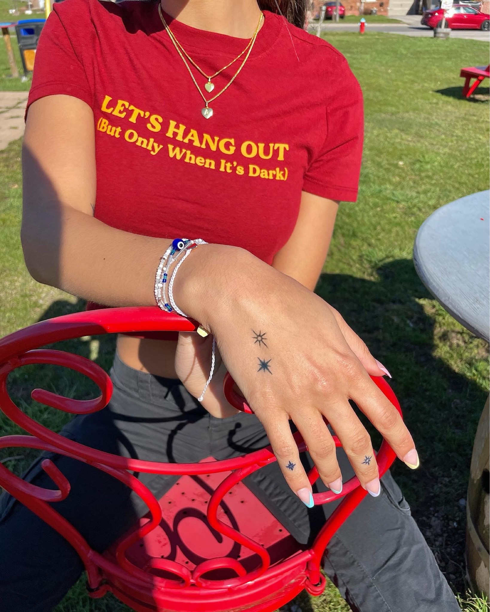 Inkbox, tattoos, summer, fashion inspo, outfit inspo, urban outfitters, jewelry, necklaces, trendy, street wear, vacation outfit, bracelets, Pura vida, baby tee, cargo pants, 2000s, 90s
