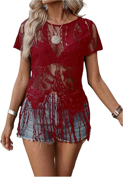 SOLY HUX Women's Sheer Fringe Tops Short Sleeve Floral Lace See Through Vintage T Shirts Vacation... | Amazon (US)