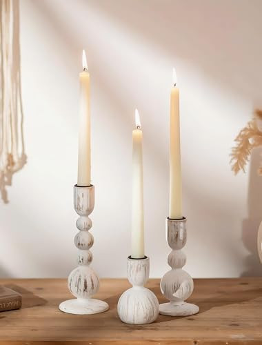NUPTIO Taper Candle Holders Decor: Set of 3 Wooden Candlestick Holders Mantel Decor - Boho Farmhouse Rustic White | Amazon (US)