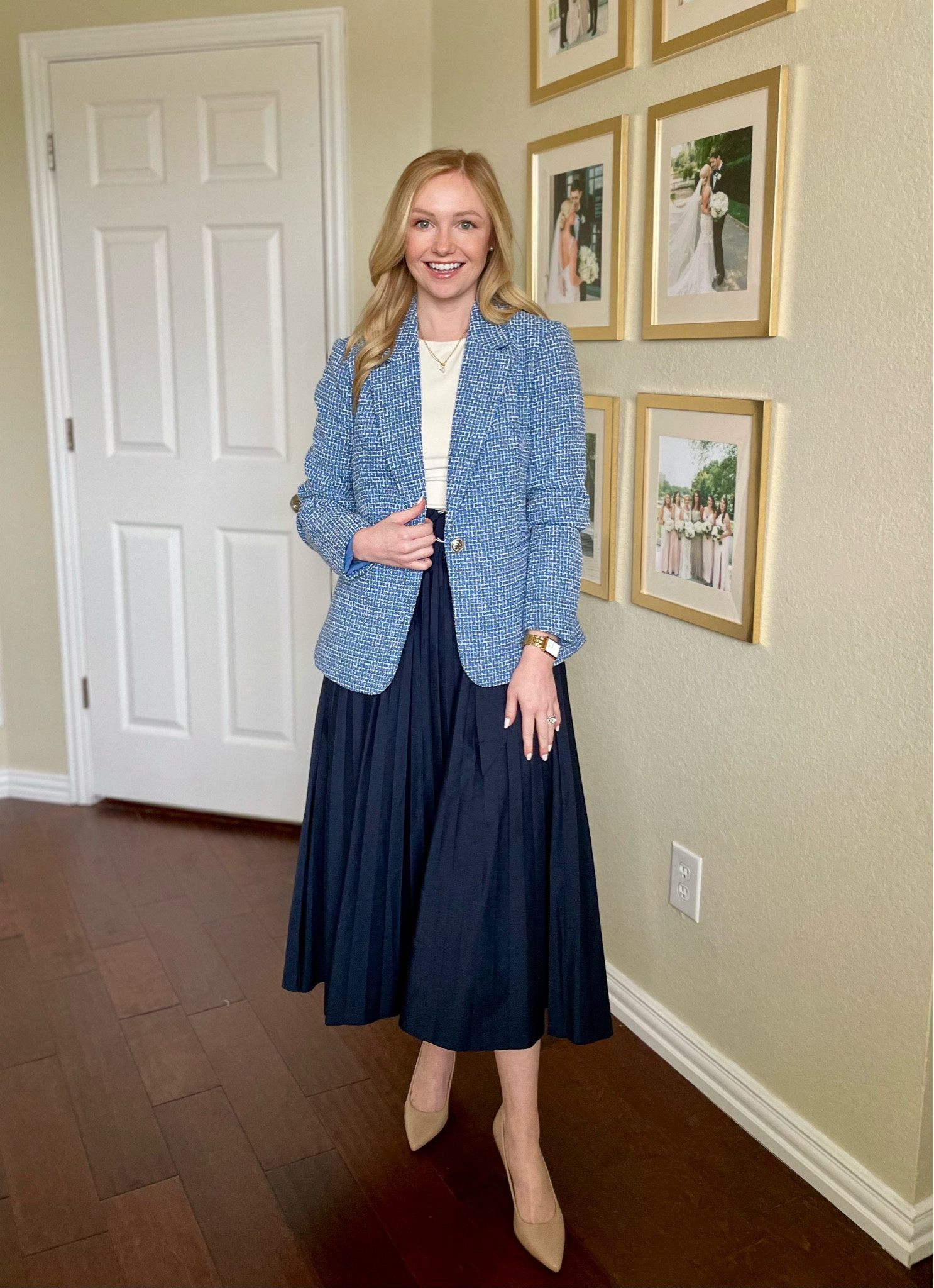 Early spring workwear outfit from Walmart! Wearing an XS in blazer and skirt | workwear outfit, wear to work, blazer, tweed blazer, office outfit 

#LTKFindsUnder50 #LTKSeasonal #LTKWorkwear