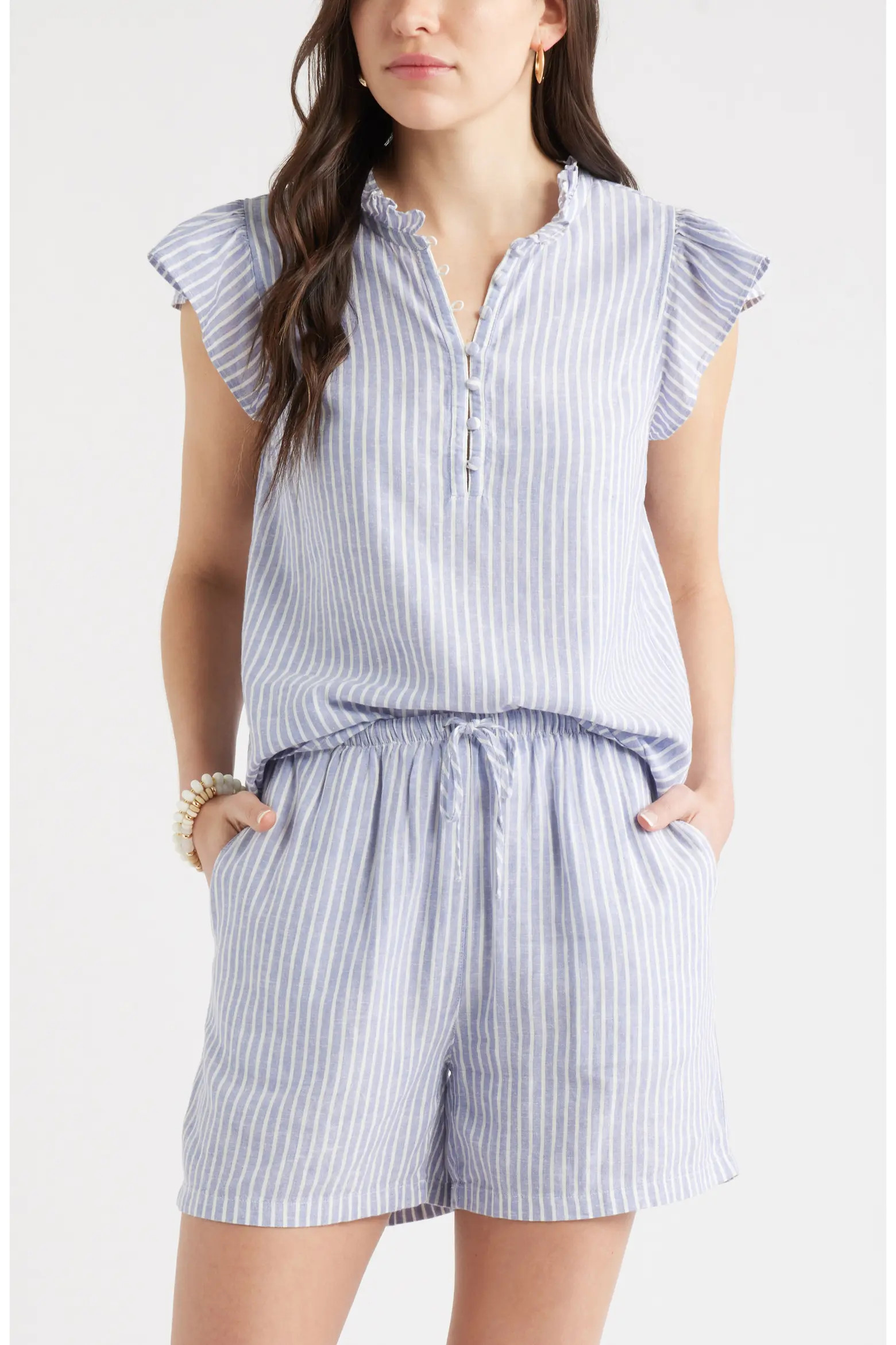 Caslon® Linen Blend Flutter Sleeve Popover Top (Women) | Nordstrom | Nordstrom
