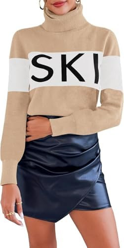 Women Turtleneck Sweaters Warm Shirts Apres Ski Patchwork Colorblock Tops Winter Outfit Tops | Amazon (US)