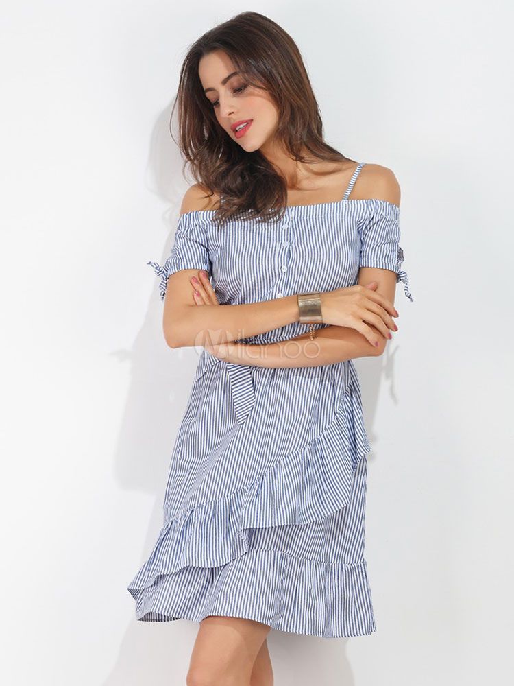 Blue Skater Dress Strappy Striped Short Sleeve Cold Shoulder Ruffle Flare Dress | Milanoo