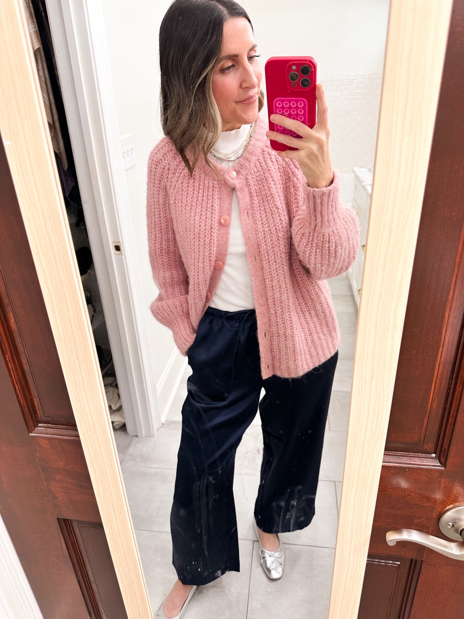 Satin pants - wearing Small petite (I’m 5’4”)
Sezane cardigan - wearing XS

#LTKootd #LTKmomlife #LTKOver40