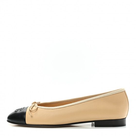 CHANEL Lambskin Cap Toe Ballerina Flats 37 Beige Black | FASHIONPHILE (US)