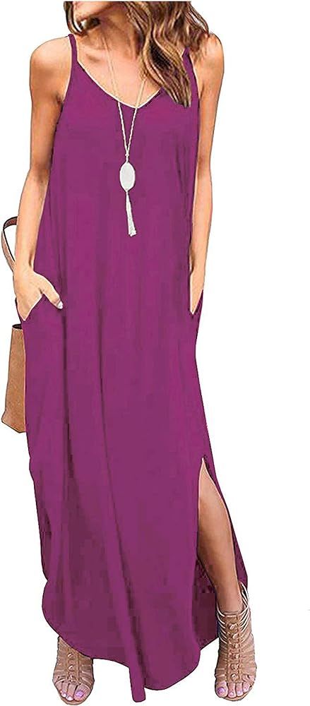 Women's Summer Casual Loose Dress Beach Cover Up Plain Print Long Cami Maxi Dresses with Pocket | Amazon (US)