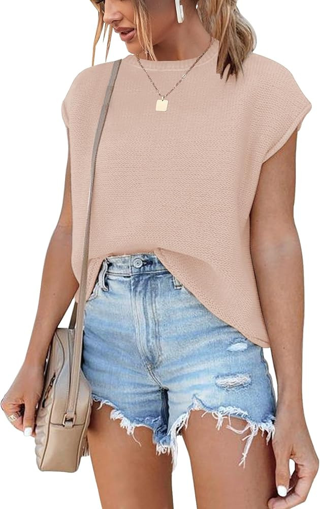Cap Sleeve Summer Tops Waffle Knit Sweater Shirts for Women Basic Tank Tops | Amazon (US)