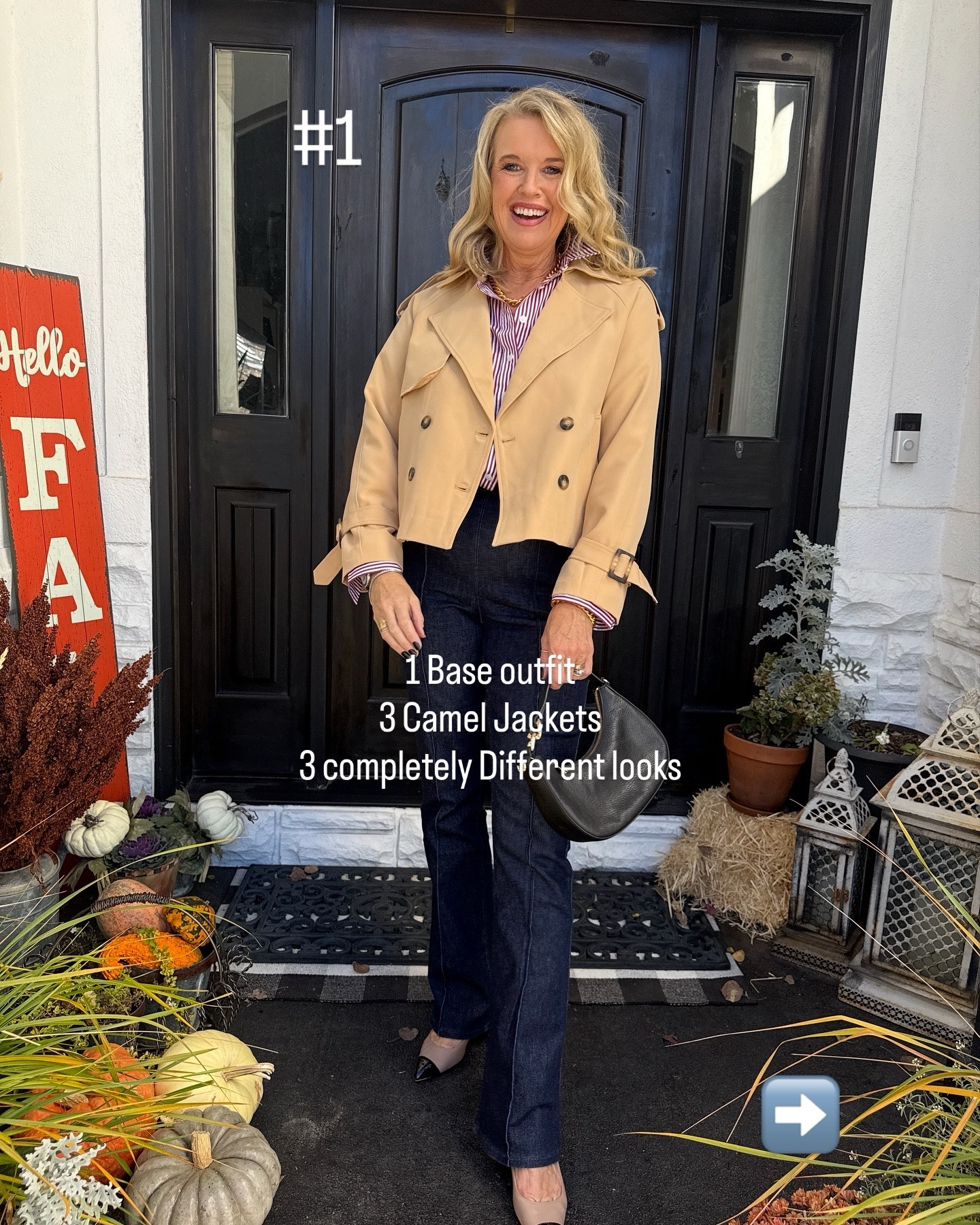 1 base look
3 camel coats 
3 completely different looks and vibes!

Base

Spanx burgundy pinstripe button up shirt! Fits tts 
Save 15% with code Deardarcyxspanx 

Chicos girlfriend straight leg jeans. 

#1.Cropped trench coat Amazon find  tts and such great quality 
Tts in a med

Alley leather captor block heals 
Tts 

Chicos leather bag 

#2
Gibsonlook camel knit mid length coat tts in small 
Use code darcy10 to save 10%

Chicos cap toe with flower and pearl flat 

Gucci tote

#3 Amazon find puffer vest 
Tts in med

Gola tennis shoes comfy and tts 

Amazon find funky junk baseball cap  “here for a good time not a long time!”

#LTKStyleTip #LTKFindsUnder100 #LTKOver40