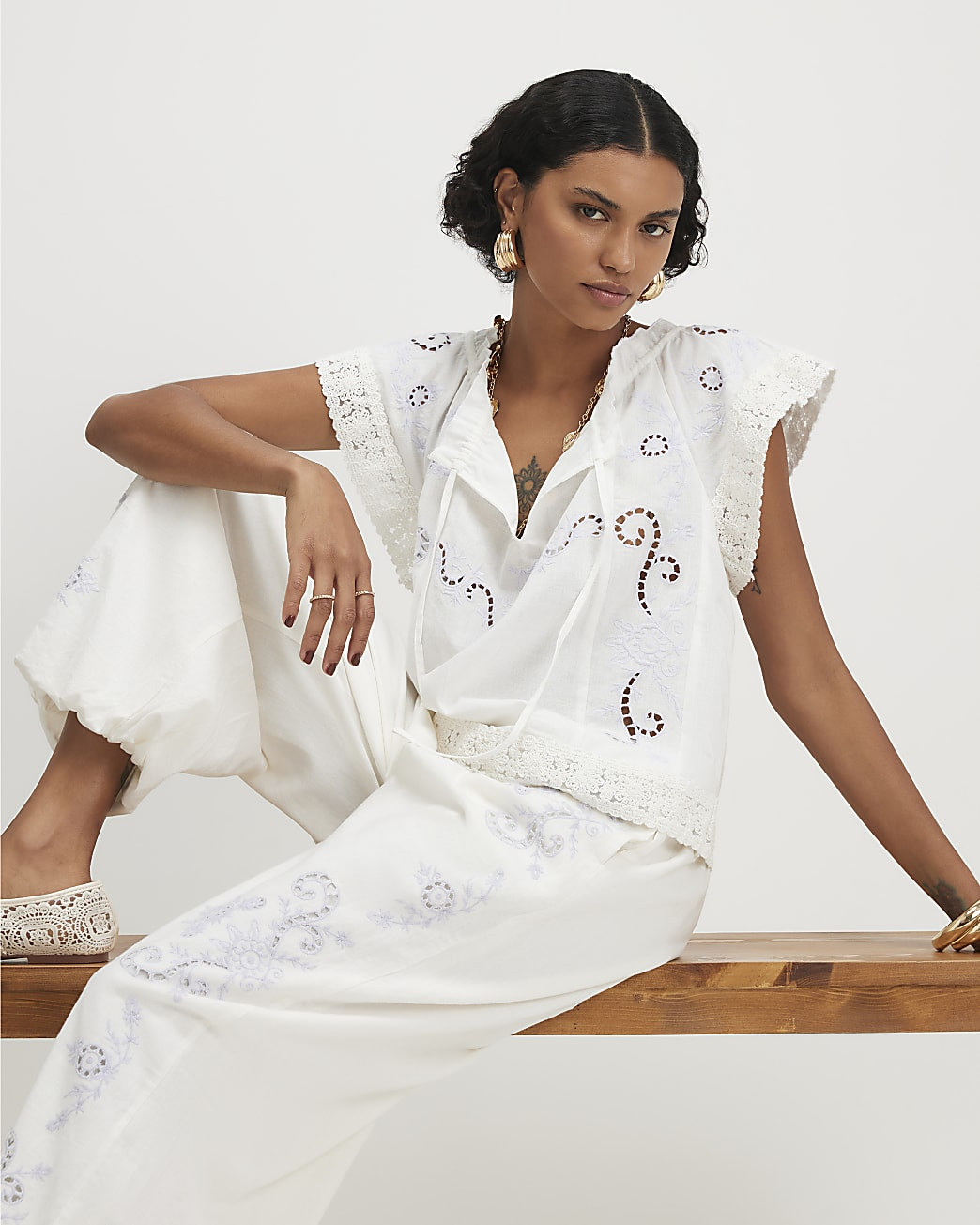 White Cotton blend Lace Trim Cutwork Blouse | River Island UK & IE