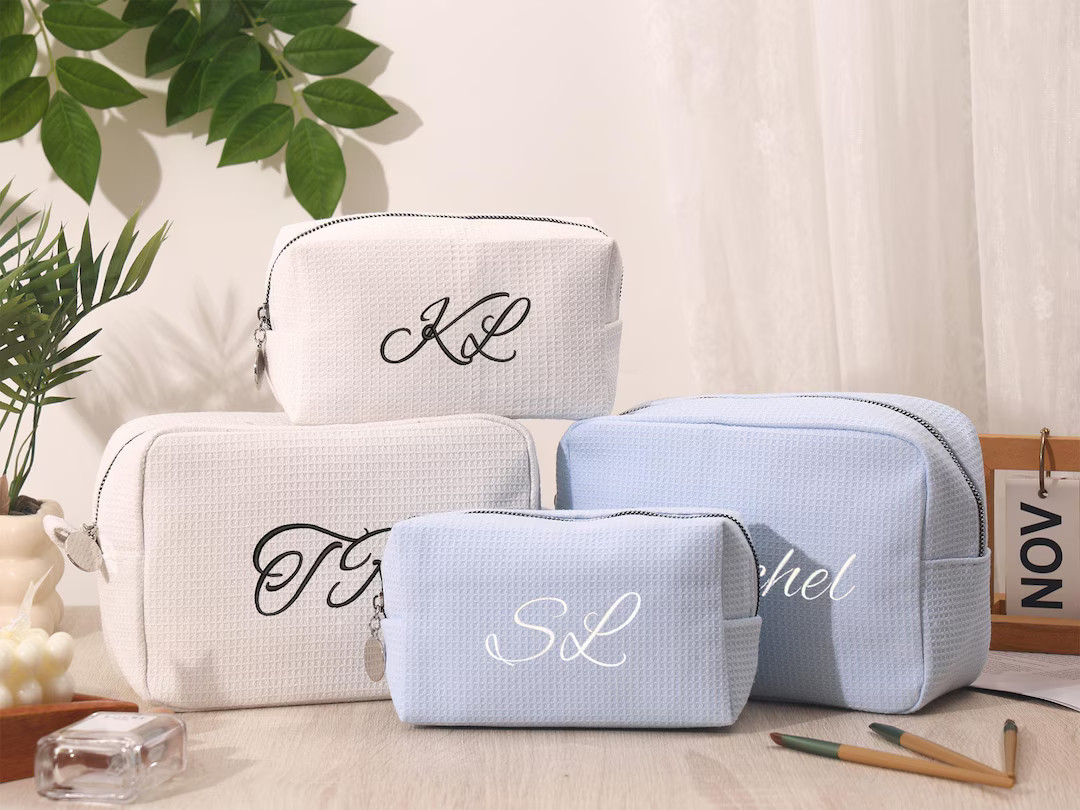 Personalized Waffle Weave Cosmetic Bag: Embroidered Monogram Makeup Bag - Etsy | Etsy (US)