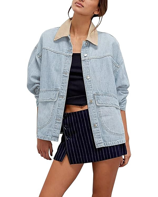 Lumister Women's Oversized Denim Jacket with Contrast Trim Long Sleeve Button Down Jean Coat with... | Amazon (US)